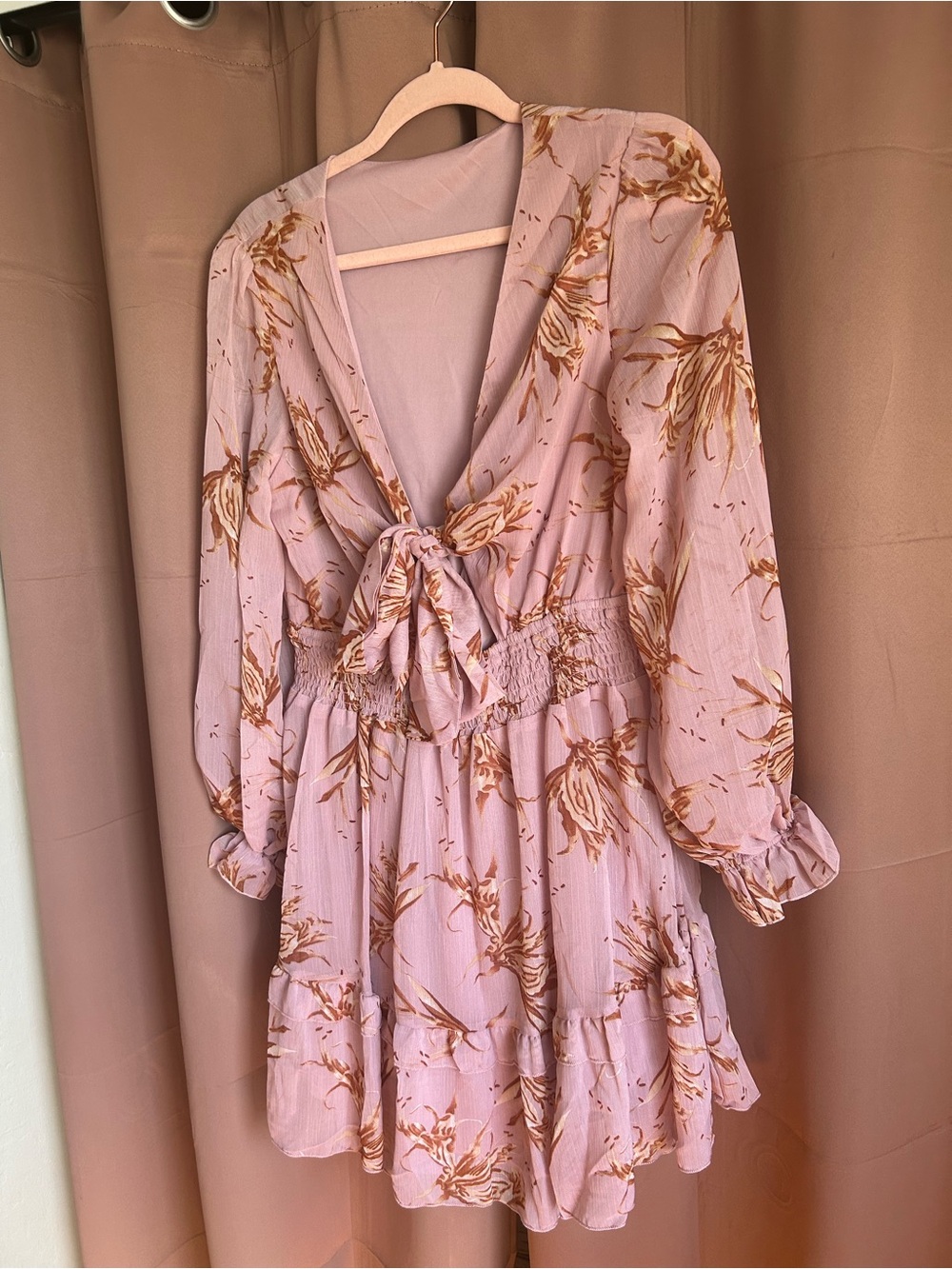 Floral Tie-Front Long Sleeve Mini Dress - Pink like new